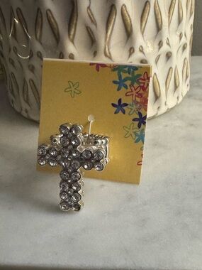 Rhinestone Cross Ring - Silver Crystal Accent
